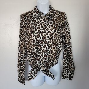 Free People Medium Leopard Love Long Sleeve Shirt Button Up Knot Collared Denim